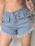 Distressed Denim Shorts With Cuffed Fringe Aosig