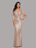 Elegant Long Sleeve Sequined Evening Dress Aosig