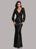 Elegant Long Sleeve Sequined Evening Dress Aosig