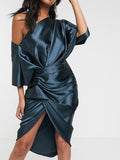 Elegant Slanted Shoulder Satin Evening Dress Aosig