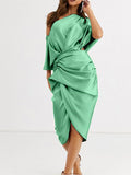 Elegant Slanted Shoulder Satin Evening Dress Aosig