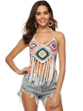 Fringe Colorblock Cropped Top Crochet Cutout Sexy Vest Aosig