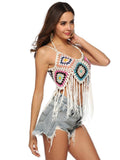 Fringe Colorblock Cropped Top Crochet Cutout Sexy Vest
