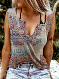 Fun Printed V-neck Sleeveless T-shirt Aosig