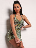 Green print dress Aosig