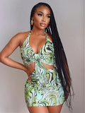 Green print dress Aosig