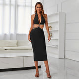 Halter Sleeveless Midi Rhinestone Bandage Dress PZC1957 Aosig