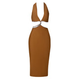 Halter Sleeveless Midi Rhinestone Bandage Dress PZC1957 Aosig