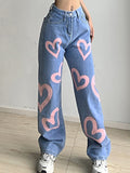 Heart Graffiti Print Straight  Jeans Aosig