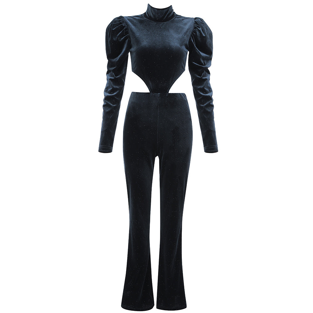 High Neck Long Sleeve Cut Out Bodycon Jumpsuit