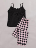 Lace Decorated Camisole And Checkered PJ Set Aosig