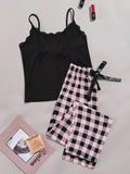 Lace Decorated Camisole And Checkered PJ Set Aosig