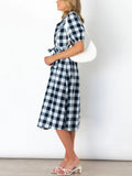 Lapel Button Plaid Dress Aosig