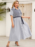 Lapel Striped Short Sleeve Lace-Up Shirt Dress Aosig