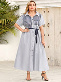 Lapel Striped Short Sleeve Lace-Up Shirt Dress