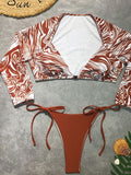 Long Sleeve Print Lace-up Bikini Swimsuit Aosig