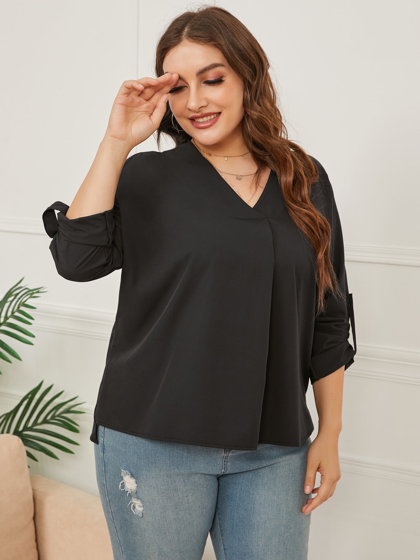 Loose V-Neck Solid Color Long-Sleeved Shirt Aosig
