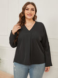 Loose V-Neck Solid Color Long-Sleeved Shirt Aosig