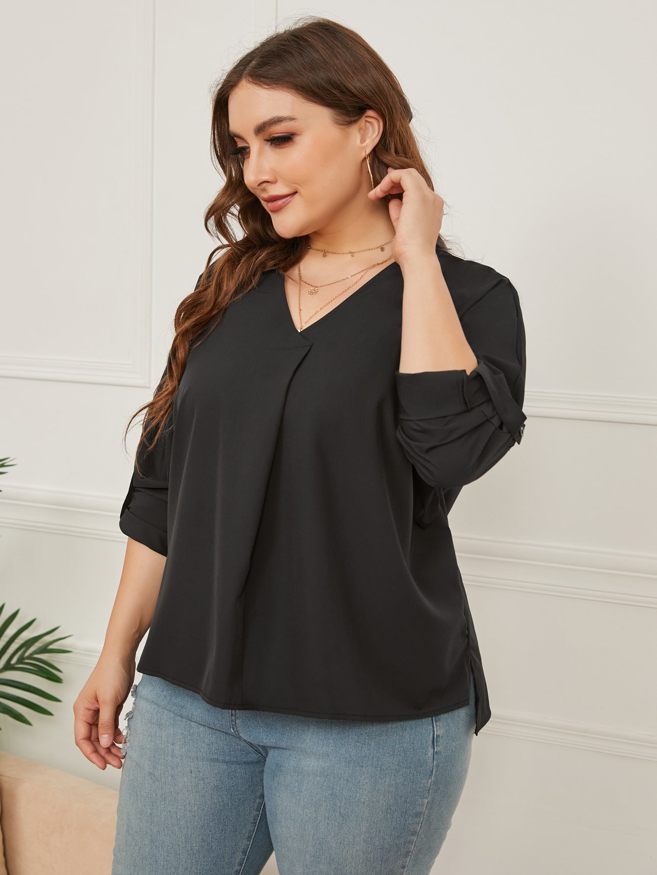Loose V-Neck Solid Color Long-Sleeved Shirt Aosig