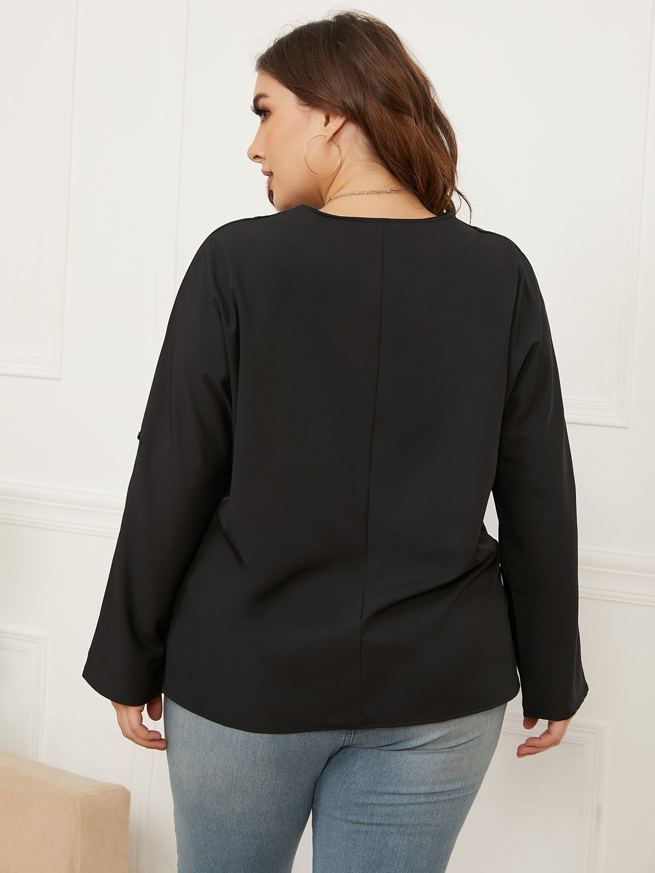 Loose V-Neck Solid Color Long-Sleeved Shirt Aosig