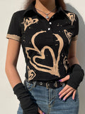 Love Heart Print Clash T-shirt Aosig