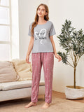 Love Print Top With Striped Pants PJ Set Aosig