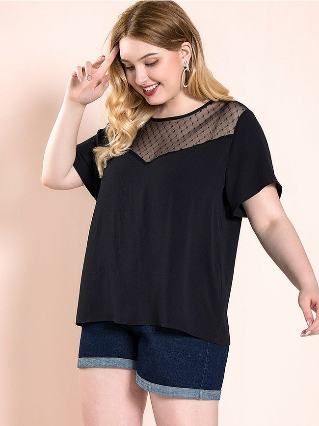 Mesh Lace Solid Color Design Fat T-shirt Aosig