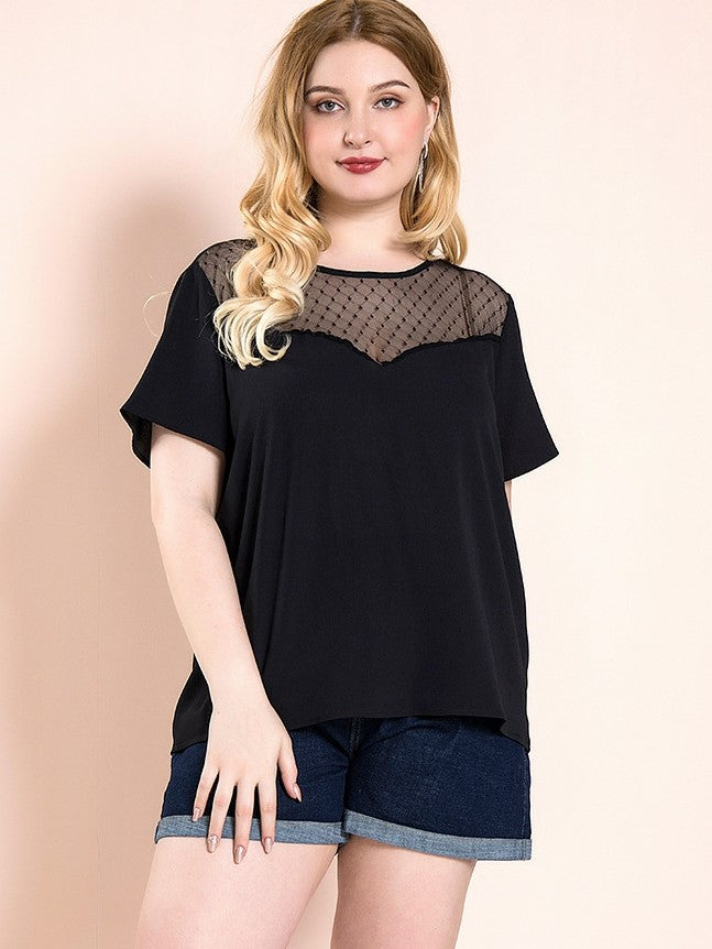 Mesh Lace Solid Color Design Fat T-shirt Aosig