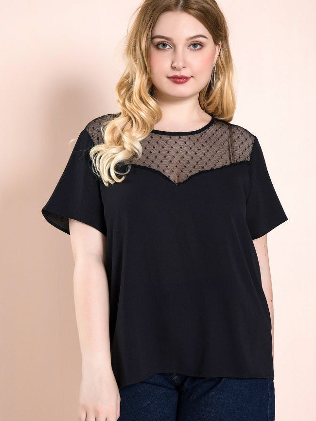 Mesh Lace Solid Color Design Fat T-shirt Aosig