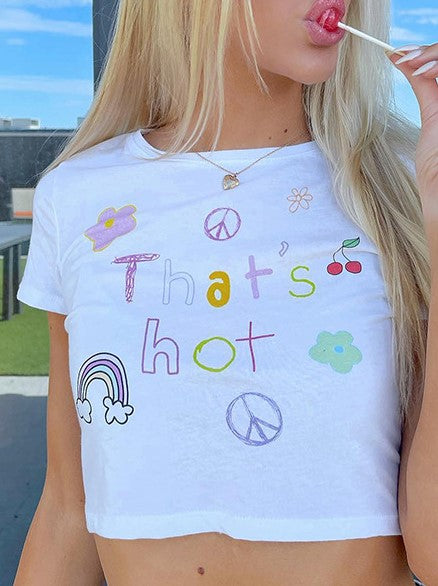 Multicolor Print Crew Neck Pullover Short Sleeve Crop Top T-Shirt Aosig