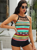Multicolor Striped Bead Trim High Neck Tankini Tops Aosig
