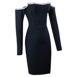 Off Shoulder Long Sleeve Drill Chain Mini Bandage Dress PZC1013 Aosig