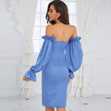 Off Shoulder Long Sleeve Frill Midi Bodycon Dress HB75540 Aosig