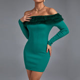 Off Shoulder Long Sleeve Hairy Mini Bandage Dress Aosig