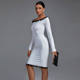 Off Shoulder Long Sleeve Lace Midi Bandage Dress Aosig