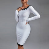 Off Shoulder Long Sleeve Lace Midi Bandage Dress Aosig