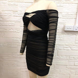 Off Shoulder Long Sleeve Mesh Mini Bodycon Dress H01242 Aosig