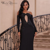 Off Shoulder Long Sleeve Rhinestone Maxi Bandage Dress