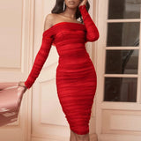 Off Shoulder Long Sleeve Ruched Mini Bodycon Dress FSP19054 Aosig