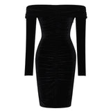 Off Shoulder Long Sleeve Ruched Over Knee Bodycon Dress SP056 Aosig