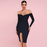 Off Shoulder Long Sleeve Slit Midi Bandage Dress