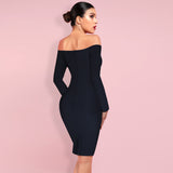 Off Shoulder Long Sleeve Slit Midi Bandage Dress HB7363 Aosig