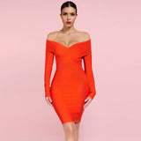 Off Shoulder Long Sleeve Striped Midi Bandage Dress