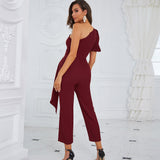 One Shoulder Short Sleeve Frill Bodycon Jumpsuit HB75860 Aosig