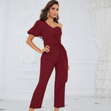 One Shoulder Short Sleeve Frill Bodycon Jumpsuit