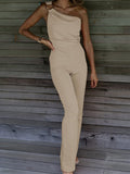 One Shoulder Solid Color One-piece Casual Pants Aosig