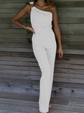 One Shoulder Solid Color One-piece Casual Pants Aosig