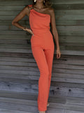 One Shoulder Solid Color One-piece Casual Pants Aosig