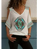 Oversized Off-the-shoulder Mid-sleeve Vintage-print T-shirt Aosig