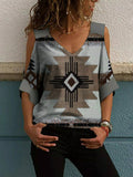 Oversized Off-the-shoulder Mid-sleeve Vintage-print T-shirt Aosig